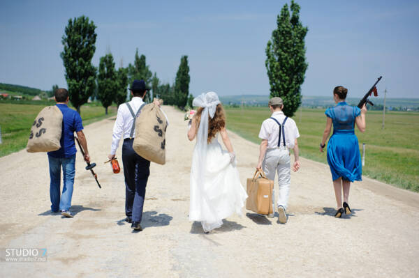 Wedding in Romania in Chicago style. Thompson M1928 Submachine TommyGun, Wooden Fantasy cosplay American gangsters style