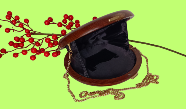 Wooden tablet clutch, handmade from walnut wood, a stylish accessory for an evening outfit, design 2024.