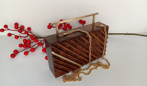 Wooden clutch bag with gold insert, completely handmade. Unique birthday gift for a fashionable girl.