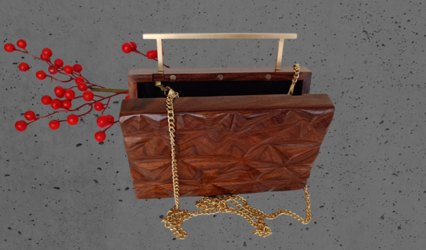 Clutch with 3D wood carvings, completely handmade. A stylish holiday gift for a fashionable girl, mother, wife.